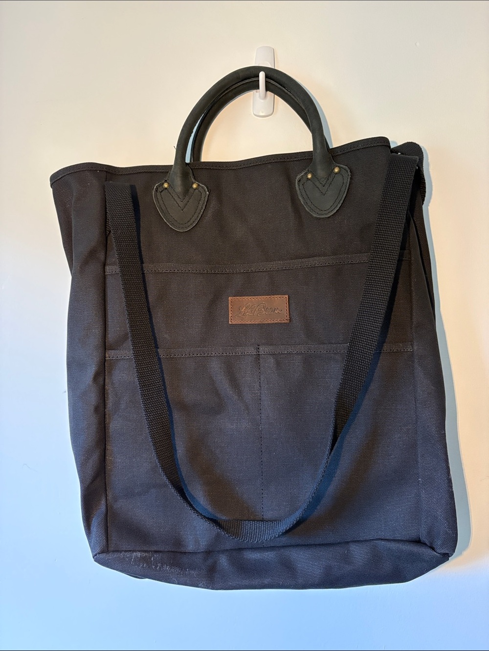 L.L. Bean Black Stonington Canvas Messenger Tote with Leather Trim